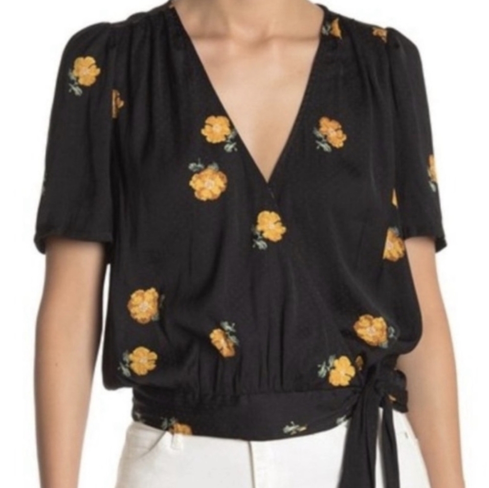 EUC Madewell Floral Wrap Top Black and Yellow